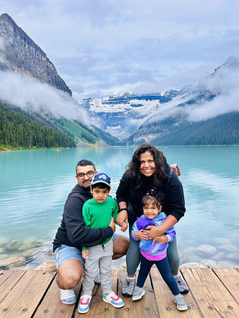 Ceylon Nannies founders — a Sri Lankan-Canadian family at Lake Louise, Canadian Rockies